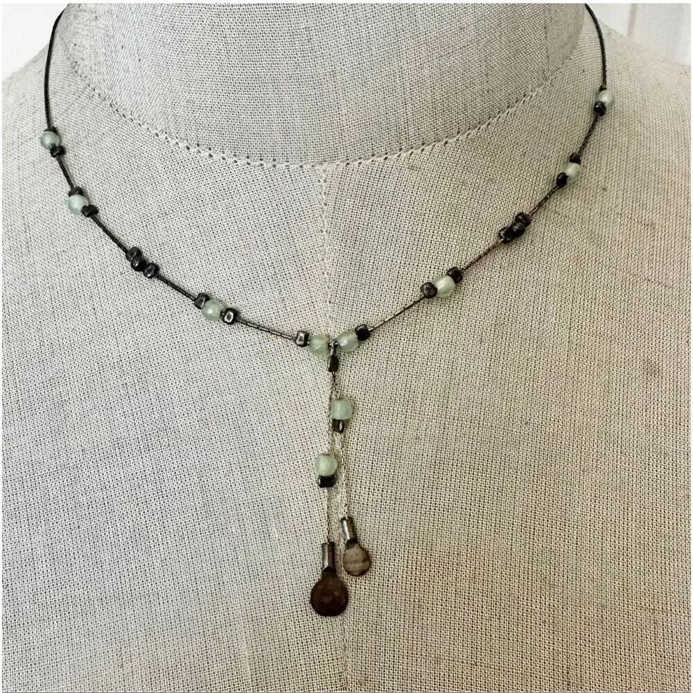 Sterling Silver Prehnite Beaded Y Necklace Oxidized Artisan Lariat